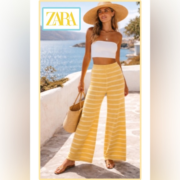 Zara Pants - Zara | Knit Pant High Waisted Flare Leg Yellow Striped Elastic Waistband Small